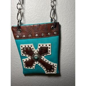 Western-Style Faux Leather Crossbody Purse with Rhinestone Cross